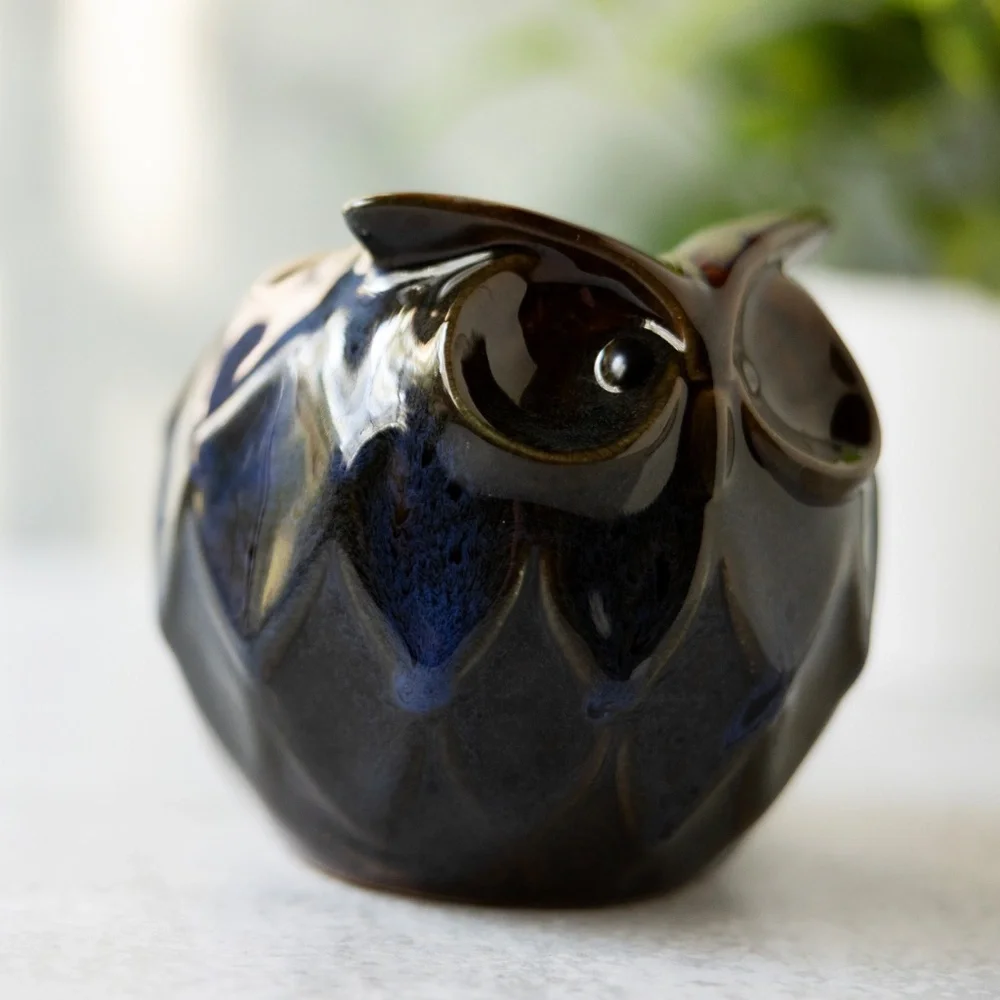 Ceramic Owl Accent Vase in Deep Brown and Blue